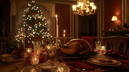 Festive Christmas Dinner Table Setting With Roasted Turkey