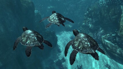 Fototapeta premium Turtles Gliding Through Pristine Underwater Scene