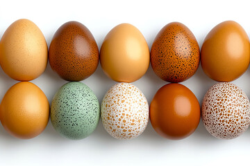 Unique collection of green-brown eggs artistically arranged on a solid white background showcasing their rich textures and colors