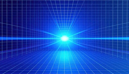 Fototapeta premium Futuristic abstract tech background with symmetrical radial blue lighting effect on grid perspective. Glowing lines, bright light create depth, motion. Modern design concept. Suitable for tech web