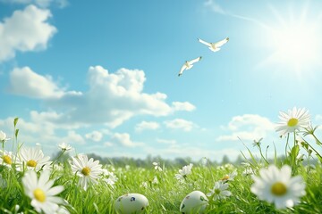 A vibrant Easter scene unfolds under blue skies with fluffy clouds and blooming daisies swaying in the light, while birds soar above a green field, symbolizing renewal and the joy of spring