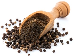a wooden scoop overflowing with freshly ground black peppercorns against a white background, showcasing the spices deep dark color and coarse texture