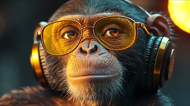 Cool monkey wearing sunglasses and headphones in vibrant slow motion video concept