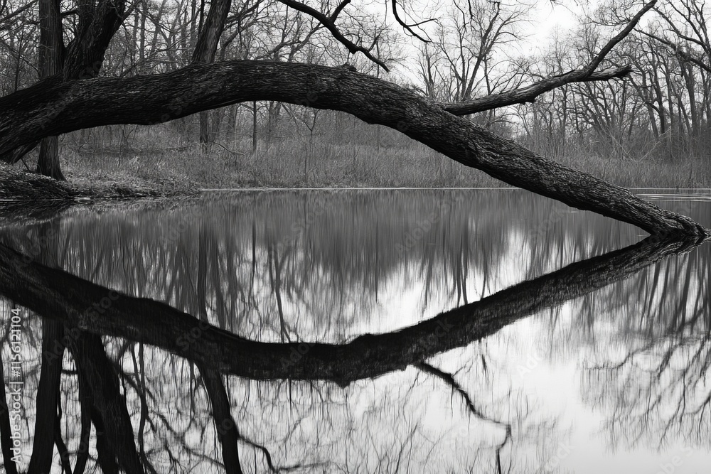 Wall mural Reflection of a bare tree branch in serene water, capturing nature s tranquility