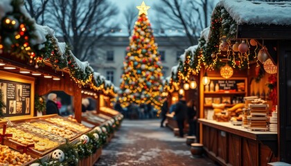 Festive Christmas market at night. Many food stalls offer treats. Large Christmas tree shines brightly in background. Snow falls softly. People browse market. Traditional holiday atmosphere. Winter
