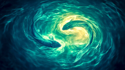 Two fish swimming in a circle creating pisces zodiac sign