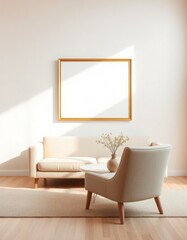 Beige sofa, armchair in bright room. Empty picture frame on wall. Sunlight streams into room. Simple decor. Modern home interior design. Comfortable living space. Modern furniture. Cozy, relaxing