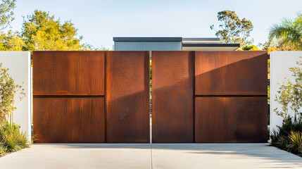 Contemporary rust-finished corten steel gate with offset panel design and textured edges, leading to a modern eco-friendly estate