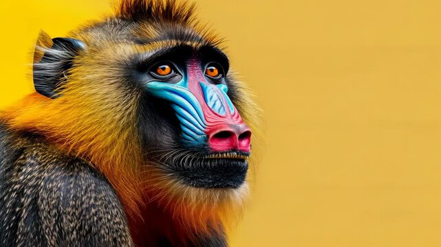 A vibrant web banner featuring a mandrill set against a bright yellow backdrop, offering ample copy space for your message.