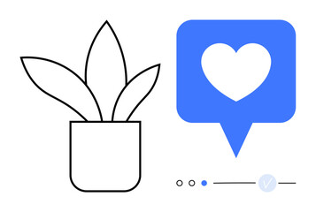 Potted plant with three leaves next to blue speech bubble containing heart symbol. Ideal for social media, nature, relaxation, gardening, environment, love, growth themes. Line metaphor