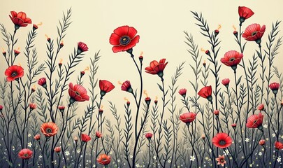 Fototapeta premium A vibrant illustration of red poppies and green stems, perfect for floral design projects, product packaging, or as a backdrop for creative endeavors.