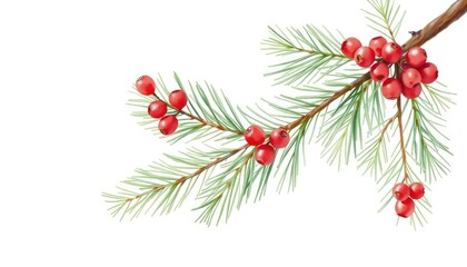 Festive Christmas tree branch with bright red berries. Watercolor style illustration. Decorative evergreen twig with rich green leaves, vibrant red berries against white background. Perfect for