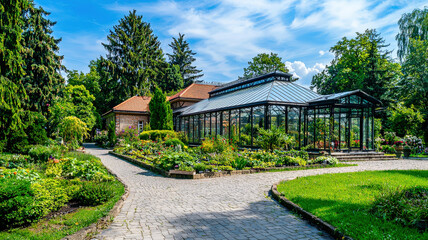 Obraz premium A beautiful botanical garden featuring a diverse array of exotic plants, a large glass greenhouse, and serene walking paths that invite exploration and relaxation in a lush, vibrant setting. 