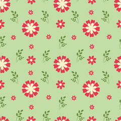 Seamless pattern with red flowers on green background