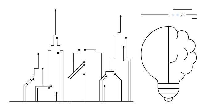 Minimalistic city skyline connected with tech nodes and lines beside light bulb symbolizing innovation. Ideal for technology, innovation, smart cities, future concepts, urban development, digital
