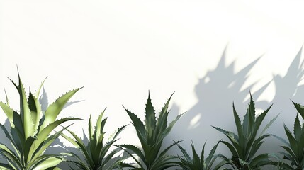 Fototapeta premium Lush agave plants cast shadows on a white wall.