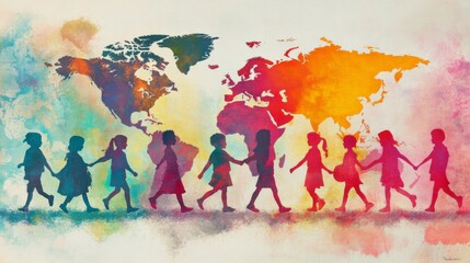 Diverse Children Walking with Colorful World Map Background