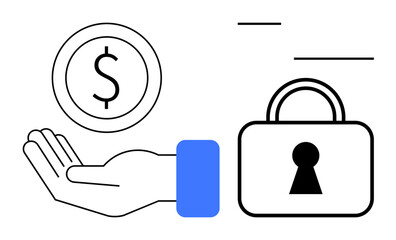 Hand holding a dollar symbol next to a padlock. Ideal for finance, investment, online security, banking, savings, data protection, and wealth management. Line metaphor