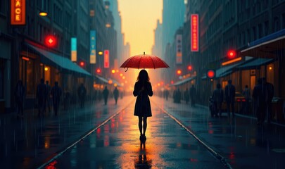 A serene urban scene featuring a woman with a red umbrella walking through a rain-soaked street at dusk, capturing the essence of solitude and city life.