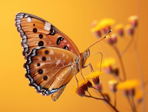 A serene macro photograph of a butterfly perched on vibrant yellow flowers against a warm orange background, showcasing its intricate wing patterns.