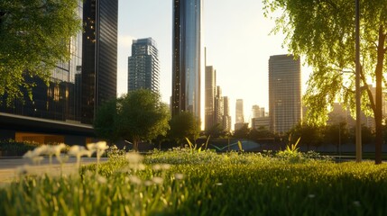 Obraz premium Dynamic Cityscape with Warm Light and Greenery