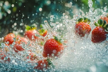 Fresh strawberries splashing into clear water.