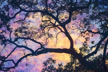 Fototapeta premium Silhouette of tree against vibrant evening sky.