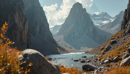 Majestic mountain river flowing through rugged terrain with vibrant autumn foliage, natural beauty