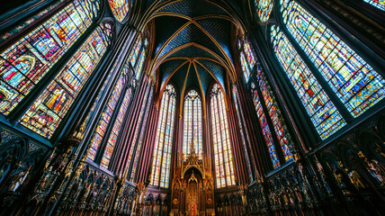 A magnificent gothic cathedral showcasing intricate stained glass windows, soaring flying buttresses, and towering spires, embodying architectural grandeur and historical significance