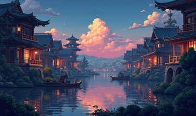 A serene sunset scene over a tranquil waterway lined with traditional Asian-style houses, perfect for relaxation or cultural themes.