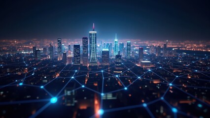 Fototapeta premium A stunning aerial view of a glowing city skyline at night, interwoven with digital connections, representing innovation and the future of technology.