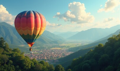 Fototapeta premium A vibrant hot air balloon floats over a picturesque valley, offering breathtaking views of mountains and a charming town, perfect for travel and adventure themes.