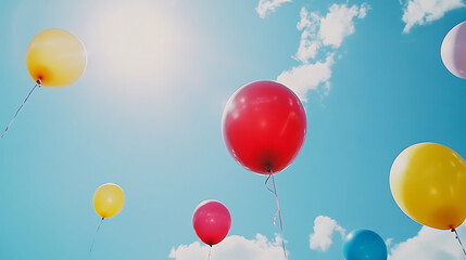 Fototapeta premium A cheerful scene featuring vibrant balloons of various colors drifting gently against a clear, bright blue sky