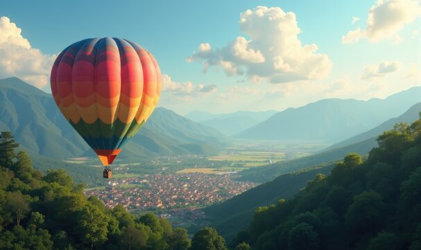 A vibrant hot air balloon floats over a picturesque valley, offering breathtaking views of mountains and a charming town, perfect for travel and adventure themes.