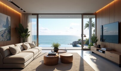 Fototapeta premium A serene modern living room with coastal views, featuring elegant decor and natural light, perfect for promoting real estate, interior design, or vacation rentals.