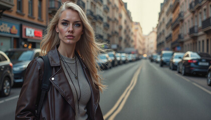 Fototapeta premium Stylish young woman walking confidently on a city street with cars in the background, urban atmosphere