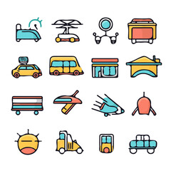 Colorful Icons Set for Transport – Vibrant and Creative Transport Icons, Stylish Vector Art for Travel and Mobility Design
