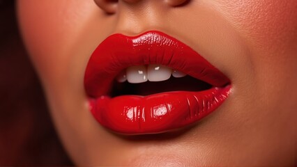 Obraz premium Close-up of vibrant red lips with a glossy finish, showcasing beauty and elegance, perfect for cosmetic branding, fashion marketing, or makeup tutorials.