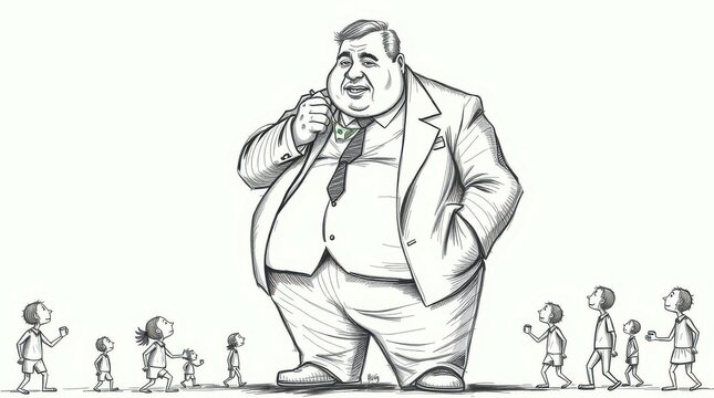 Cartoon of a fat rich man smoking a cigar, surrounded by smaller figures, symbolizing wealth disparity, ideal for activism