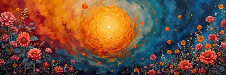 A vibrant, colorful artwork showcasing swirling colors and blooming flowers, symbolizing growth and vitality, perfect for wellness, nature, or artistic themes.