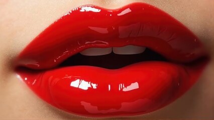 Obraz premium Vibrant close-up of luscious red lips, perfect for beauty, cosmetic, or fashion projects, showcasing elegance and allure.