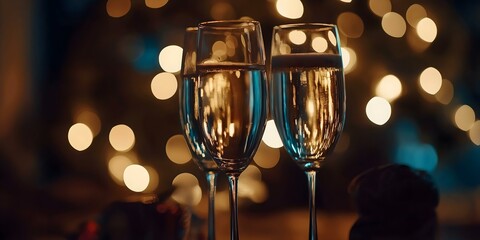 two champagne glasses with a blurry background of warm lights, creating a festive and celebratory mood