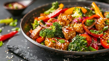 Vibrant vegan stir fry with tempeh and fresh vegetables in a rustic bowl