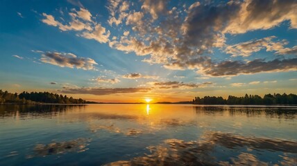 Fototapeta premium sunset at coast of the lake. Nature landscape. Nature in northern Europe. reflection, blue sky and yellow sunlight. landscape during sunset.