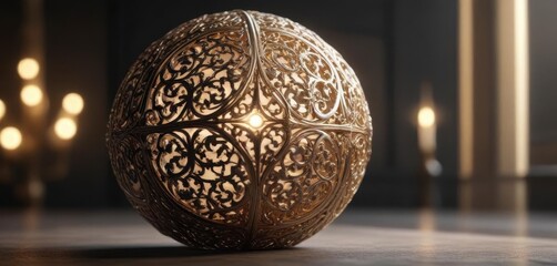A delicate filigree pattern wraps a luminous sphere ,  mesh,  curved