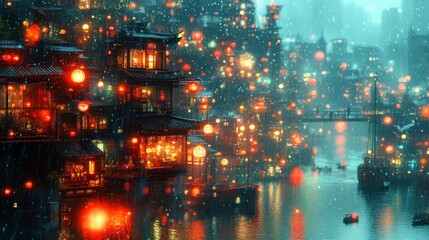 Fototapeta premium Enchanting Night Scene of a Rainy Urban Waterfront with Colorful Lanterns Illuminating Traditional Architecture and Reflecting in Water