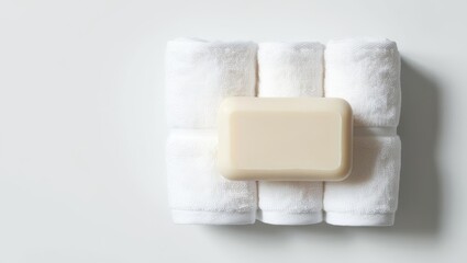 Clean Towels and Soap on White Background