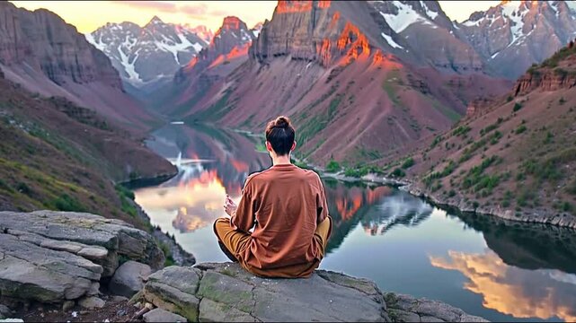 Person meditating in silhouette on mountain at sunset for mindfulness and zen balance. Outdoor yoga on cliff for mental health and peace.