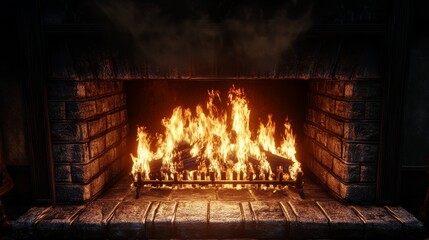 Fototapeta premium A warmly lit fireplace with vibrant flames flickering, casting a comforting glow in an inviting brick setting, perfect for a relaxing evening atmosphere.
