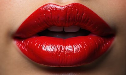 Obraz premium Close-up of luscious red lips, perfect for beauty, fashion, or cosmetics advertising. Ideal for campaigns highlighting bold makeup looks.